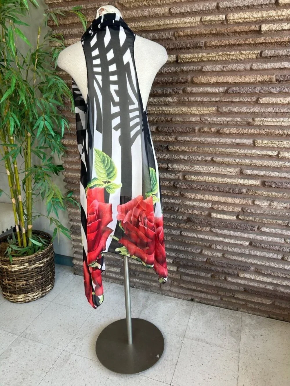 Sheer Chiffon Wrap Black White Zebra Stripes Red Rose Floral Open Drape